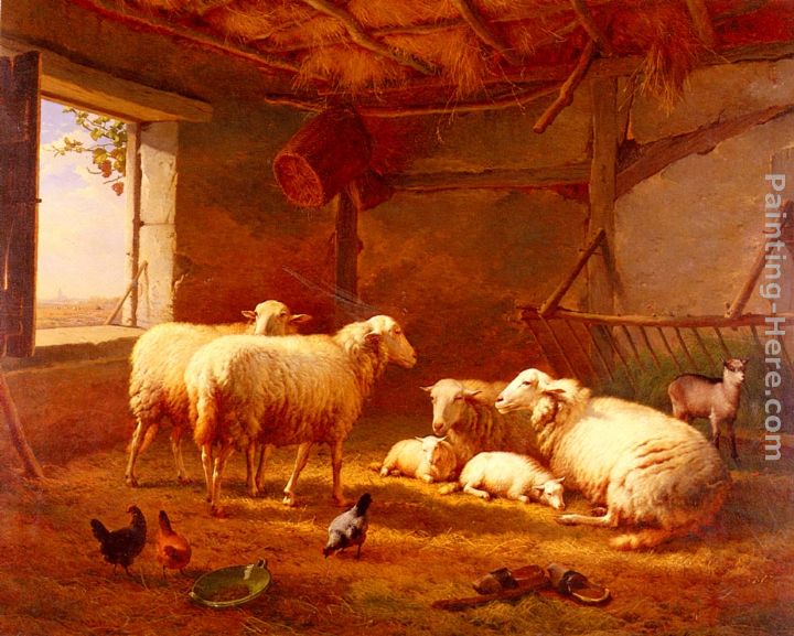 Eugene Verboeckhoven Sheep With Chickens And A Goat In A Barn painting ...